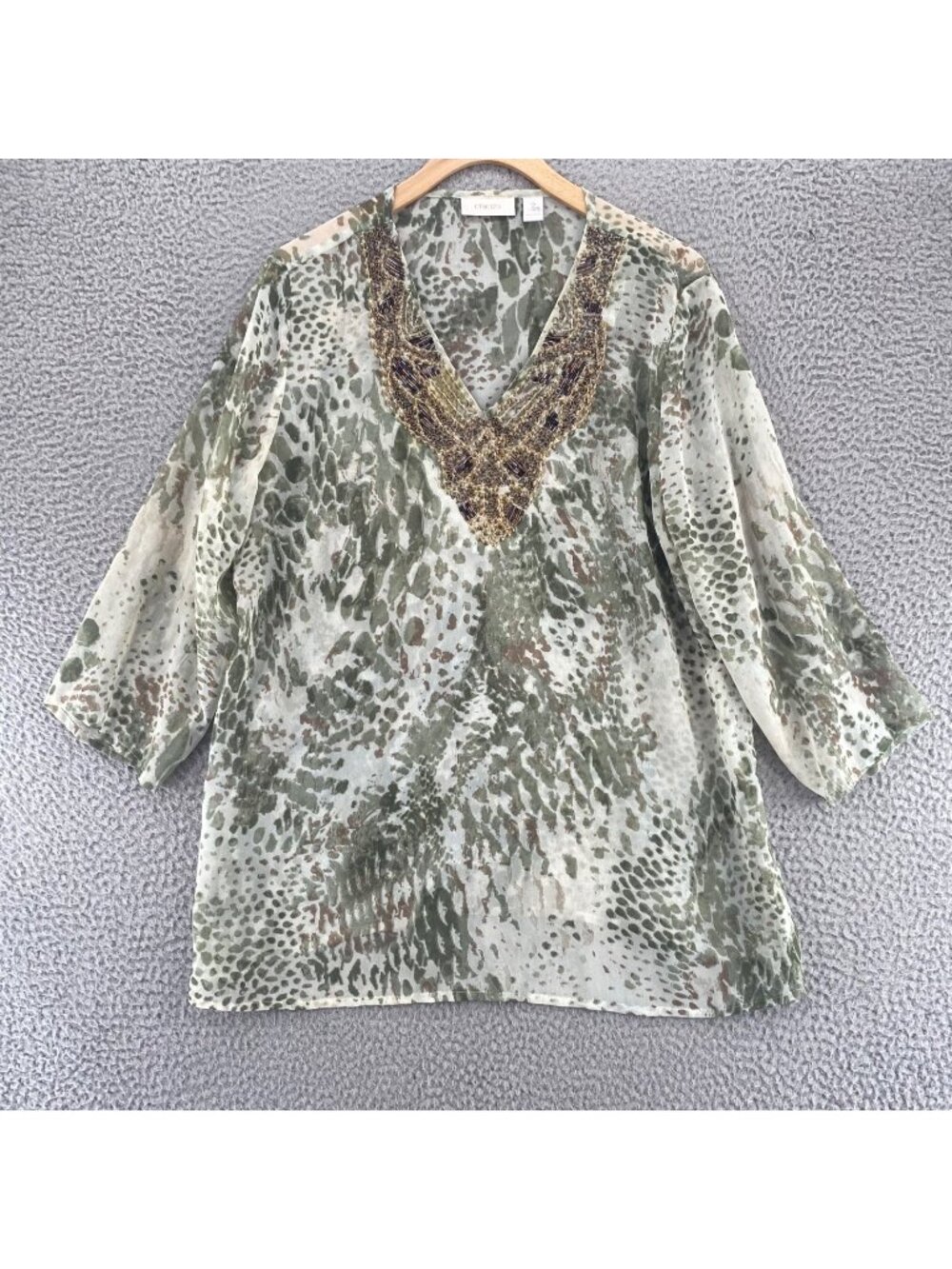 Chicos Top Womens 2 US Large Green Animal Print Metallic Chiffon Beaded V Neck*